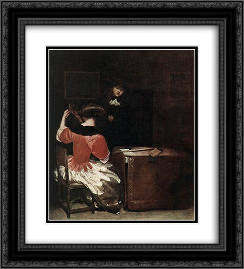 The Music Lesson 20x22 Black Ornate Wood Framed Art Print Poster with Double Matting by Terborch, Gerard