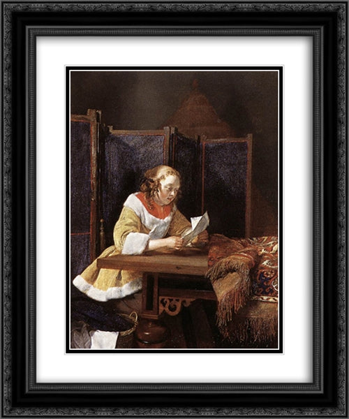 A Lady Reading a Letter 20x24 Black Ornate Wood Framed Art Print Poster with Double Matting by Terborch, Gerard