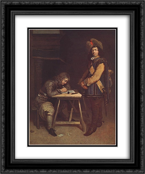 Officer Writing a Letter 20x24 Black Ornate Wood Framed Art Print Poster with Double Matting by Terborch, Gerard