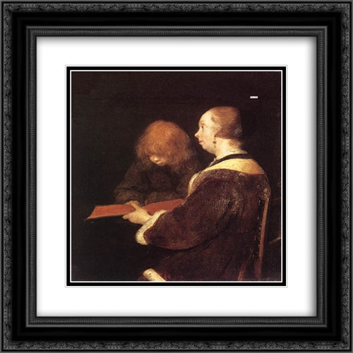 The Reading Lesson 20x20 Black Ornate Wood Framed Art Print Poster with Double Matting by Terborch, Gerard