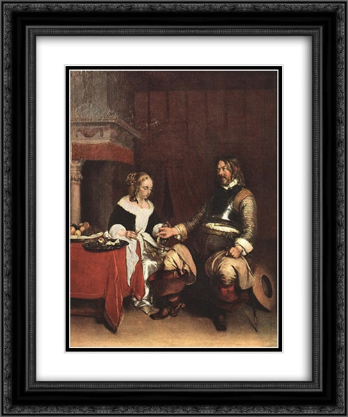 Man Offering a Woman Coins 20x24 Black Ornate Wood Framed Art Print Poster with Double Matting by Terborch, Gerard