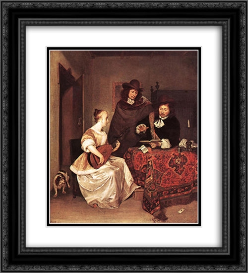A Young Woman Playing a Theorbo to Two Men 20x22 Black Ornate Wood Framed Art Print Poster with Double Matting by Terborch, Gerard