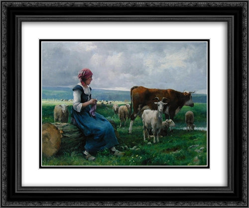 Shepherdess with Goat, Sheep and Cow 24x20 Black Ornate Wood Framed Art Print Poster with Double Matting by Dupre, Julien