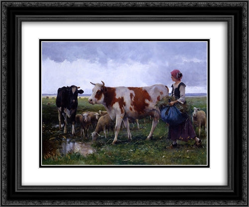 Peasant Woman with Cows & Sheep 24x20 Black Ornate Wood Framed Art Print Poster with Double Matting by Dupre, Julien