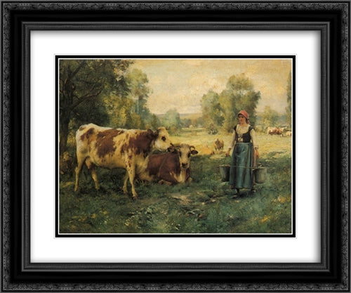 A Milk Maid with Cows and Sheep 24x20 Black Ornate Wood Framed Art Print Poster with Double Matting by Dupre, Julien