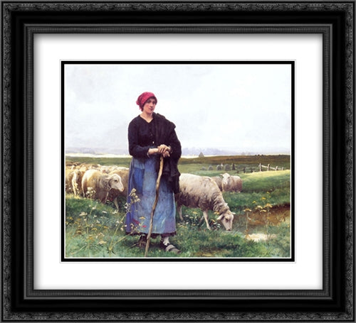 A Shepherdess with her flock 22x20 Black Ornate Wood Framed Art Print Poster with Double Matting by Dupre, Julien