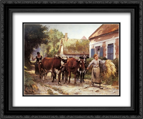 Returning from the Fields 24x20 Black Ornate Wood Framed Art Print Poster with Double Matting by Dupre, Julien