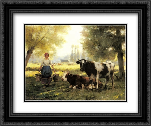 A Milkmaid with her Cows on a Summer Day 24x20 Black Ornate Wood Framed Art Print Poster with Double Matting by Dupre, Julien