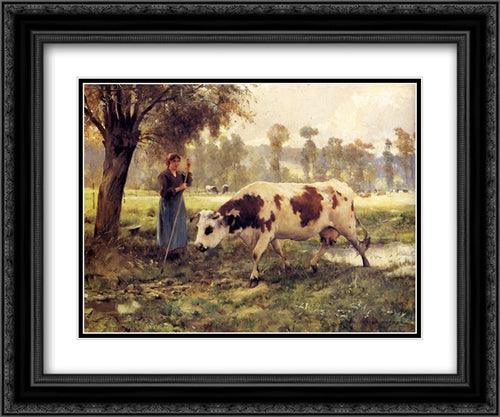 Cows At Pasture 24x20 Black Ornate Wood Framed Art Print Poster with Double Matting by Dupre, Julien