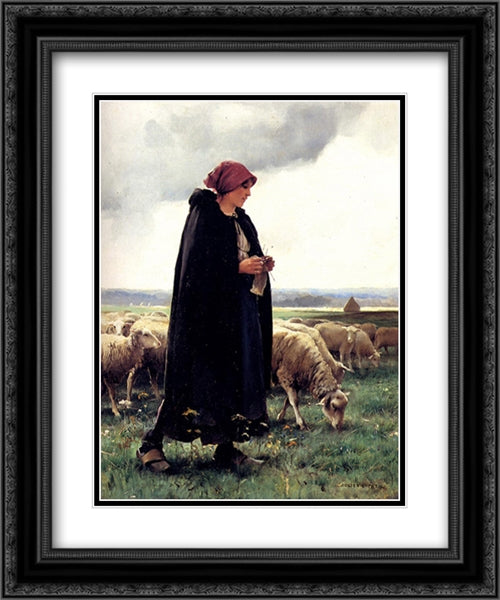 A Shepherdess With Her Flock 20x24 Black Ornate Wood Framed Art Print Poster with Double Matting by Dupre, Julien