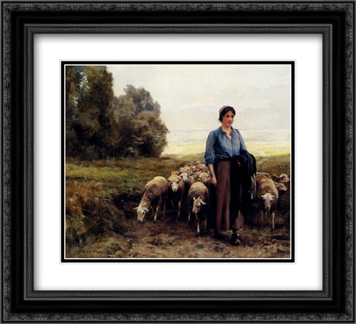 Shepherdess With Her Flock 22x20 Black Ornate Wood Framed Art Print Poster with Double Matting by Dupre, Julien