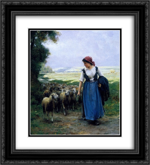 The Young Shepherdess 20x22 Black Ornate Wood Framed Art Print Poster with Double Matting by Dupre, Julien