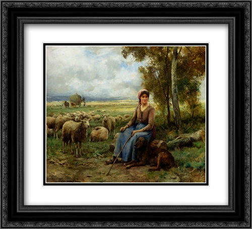 Shepherdess Watching Over Her Flock 22x20 Black Ornate Wood Framed Art Print Poster with Double Matting by Dupre, Julien