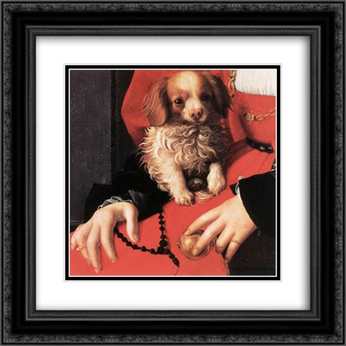 Portrait of a Lady with a Puppy [detail] 20x20 Black Ornate Wood Framed Art Print Poster with Double Matting by Bronzino, Agnolo