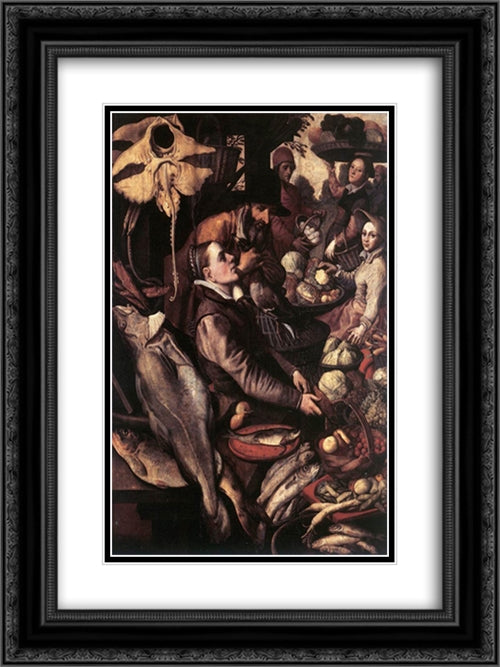 Market Scene 18x24 Black Ornate Wood Framed Art Print Poster with Double Matting by Aertsen, Pieter