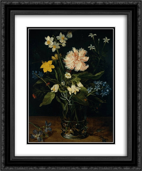 Still Life with Flowers in a Glass 20x24 Black Ornate Wood Framed Art Print Poster with Double Matting by Brueghel, Jan the Elder