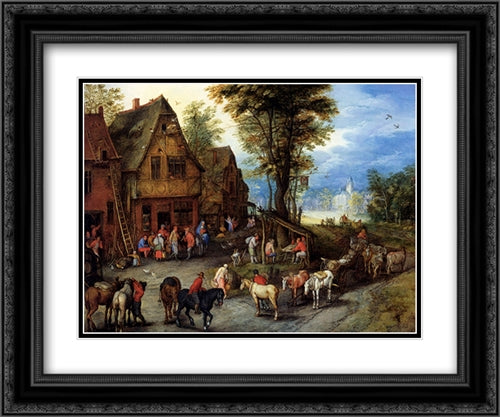 A Village Street With The Holy Family Arriving At An Inn 24x20 Black Ornate Wood Framed Art Print Poster with Double Matting by Brueghel, Jan the Elder