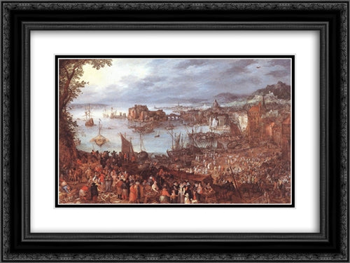 Great Fish'Market 24x18 Black Ornate Wood Framed Art Print Poster with Double Matting by Brueghel, Jan the Elder