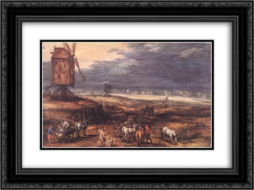 Landscape with Windmills 24x18 Black Ornate Wood Framed Art Print Poster with Double Matting by Brueghel, Jan the Elder