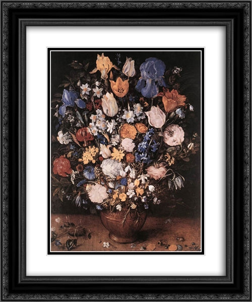 Bouquet in a Clay Vase 20x24 Black Ornate Wood Framed Art Print Poster with Double Matting by Brueghel, Jan the Elder