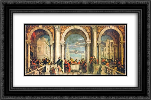 Feast in the House of Levi 24x16 Black Ornate Wood Framed Art Print Poster with Double Matting by Veronese, Paolo