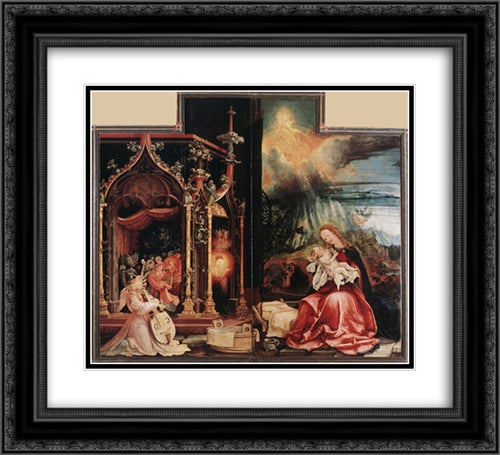 Concert of Angels and Nativity 22x20 Black Ornate Wood Framed Art Print Poster with Double Matting by Grunewald, Matthias