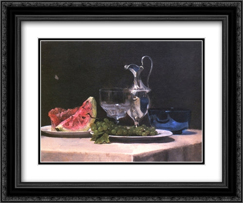 Still life study of silver, glass and fruit 24x20 Black Ornate Wood Framed Art Print Poster with Double Matting by LaFarge, John