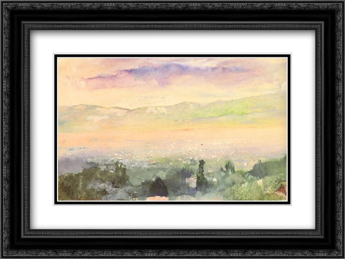 Sunrise in fog over Kyoto 24x18 Black Ornate Wood Framed Art Print Poster with Double Matting by LaFarge, John