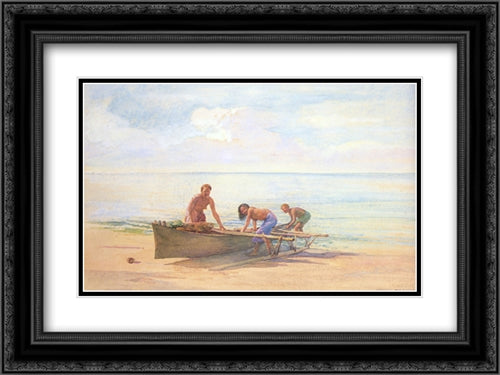 Women drawing up a Canoe 24x18 Black Ornate Wood Framed Art Print Poster with Double Matting by LaFarge, John