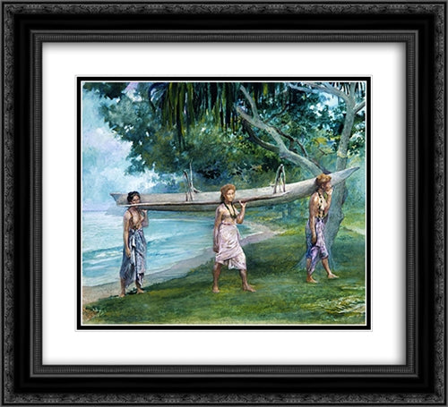 Girls Carrying a Canoe, Vaiala in Samoa 22x20 Black Ornate Wood Framed Art Print Poster with Double Matting by LaFarge, John