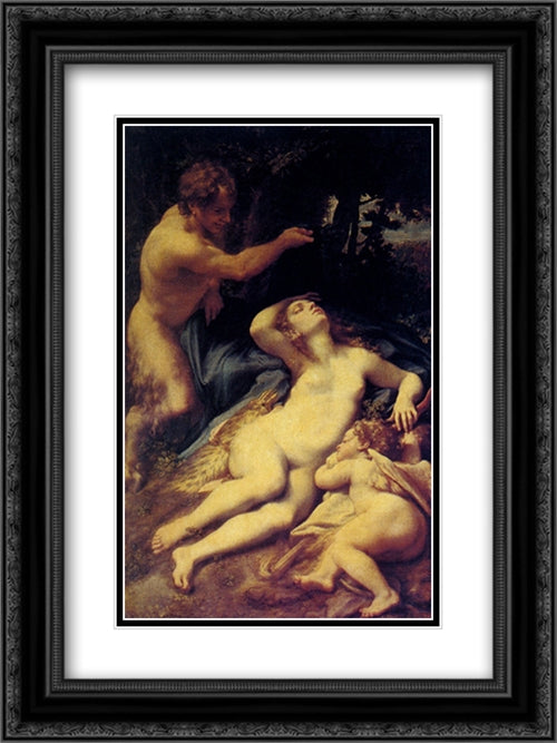 Antiope 18x24 Black Ornate Wood Framed Art Print Poster with Double Matting by Correggio