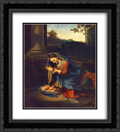 The Adoration of the Child 20x22 Black Ornate Wood Framed Art Print Poster with Double Matting by Correggio