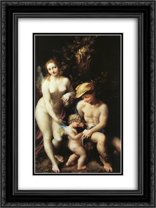 The Education of Cupid 18x24 Black Ornate Wood Framed Art Print Poster with Double Matting by Correggio