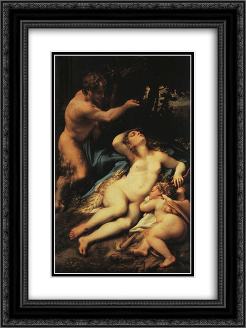 Venus and Cupid with a Satyr 18x24 Black Ornate Wood Framed Art Print Poster with Double Matting by Correggio