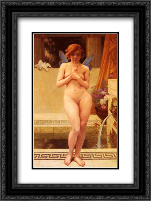 Nymph at the Fountain 18x24 Black Ornate Wood Framed Art Print Poster with Double Matting by Seignac, Guillaume