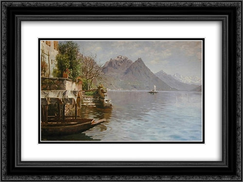 Gandria Lago Di Lugano 24x18 Black Ornate Wood Framed Art Print Poster with Double Matting by Monsted, Peder Mork