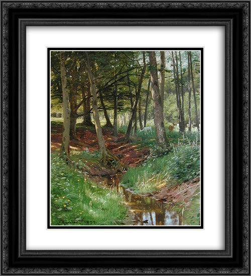 Landscape With Deer 20x22 Black Ornate Wood Framed Art Print Poster with Double Matting by Monsted, Peder Mork