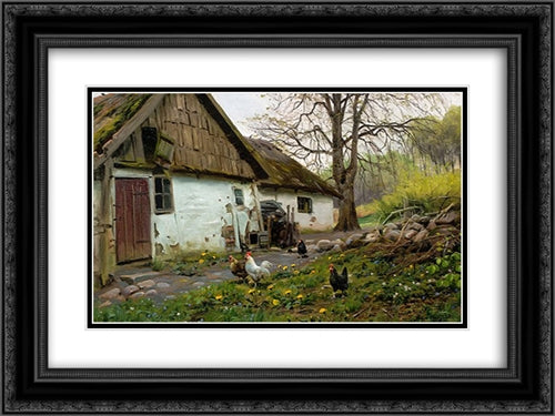 Bromolle Farm with Chickens 24x18 Black Ornate Wood Framed Art Print Poster with Double Matting by Monsted, Peder Mork