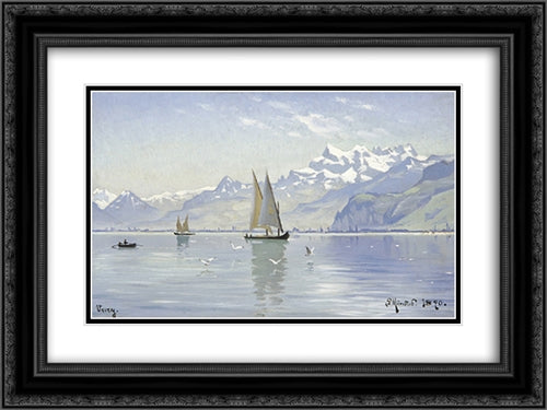 View of Lake, Vevey 24x18 Black Ornate Wood Framed Art Print Poster with Double Matting by Monsted, Peder Mork