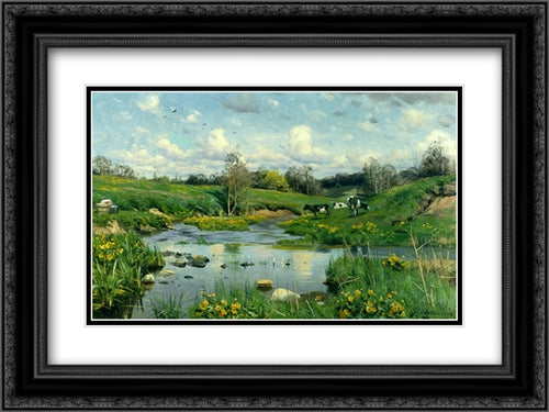 Cows Grazing 24x18 Black Ornate Wood Framed Art Print Poster with Double Matting by Monsted, Peder Mork