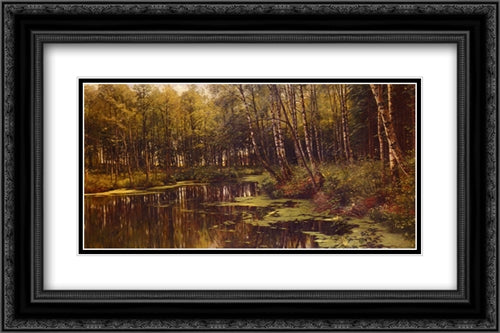 A Woodland Pond 24x16 Black Ornate Wood Framed Art Print Poster with Double Matting by Monsted, Peder Mork