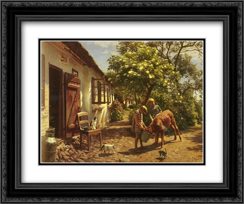 Feeding The Calf 24x20 Black Ornate Wood Framed Art Print Poster with Double Matting by Monsted, Peder Mork