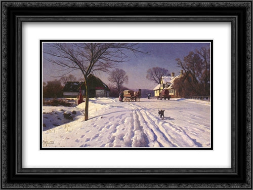 Lindenborg Kro 24x18 Black Ornate Wood Framed Art Print Poster with Double Matting by Monsted, Peder Mork