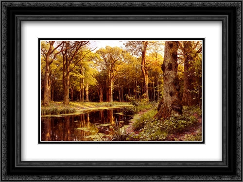 A Forest Stream 24x18 Black Ornate Wood Framed Art Print Poster with Double Matting by Monsted, Peder Mork