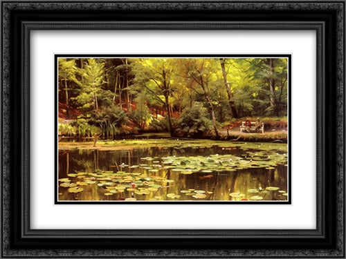 Waterlilies 24x18 Black Ornate Wood Framed Art Print Poster with Double Matting by Monsted, Peder Mork