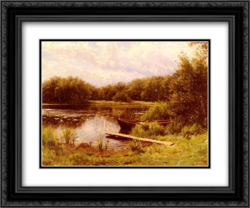 A Boat Moored On A Quiet Lake 24x20 Black Ornate Wood Framed Art Print Poster with Double Matting by Monsted, Peder Mork