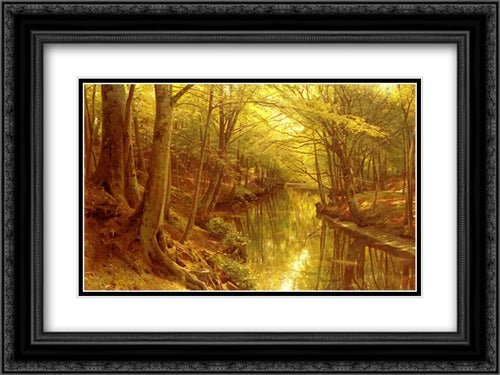 A Woodland Stream 24x18 Black Ornate Wood Framed Art Print Poster with Double Matting by Monsted, Peder Mork