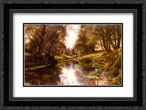 A Winding Stream In Summer 24x18 Black Ornate Wood Framed Art Print Poster with Double Matting by Monsted, Peder Mork