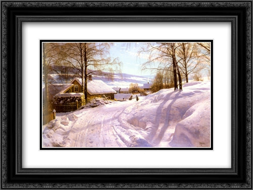 On The Snowy Path 24x18 Black Ornate Wood Framed Art Print Poster with Double Matting by Monsted, Peder Mork