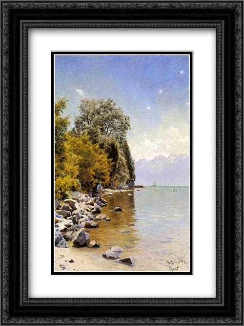 Fishing on Lac Leman 18x24 Black Ornate Wood Framed Art Print Poster with Double Matting by Monsted, Peder Mork